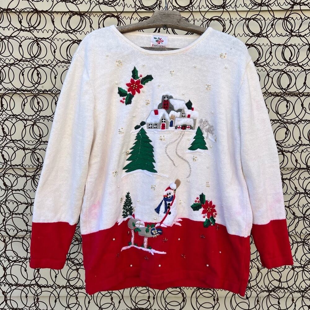 Vint. 90s Nutcracker Ugly Christmas sweater winter snow cabin scene in the woods
